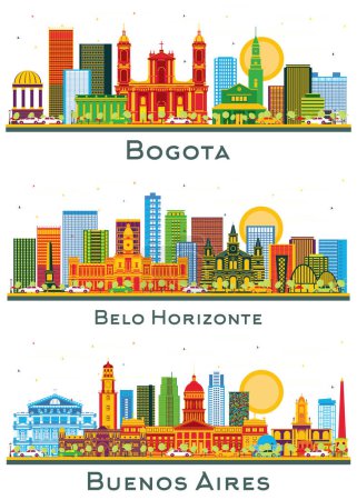 Photo for Belo Horizonte Brazil, Buenos Aires Argentina and Bogota Colombia City Skyline with Color Buildings Isolated on White. Cityscape with Landmarks. - Royalty Free Image