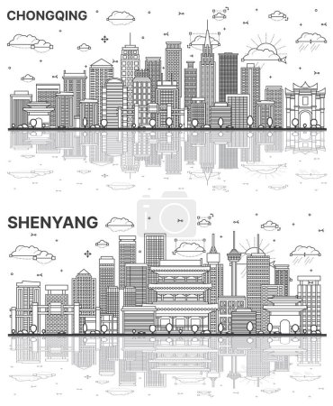 Photo for Outline Shenyang and Chongqing China City Skyline set with Modern Buildings and Reflections Isolated on White. Illustration. Cityscape with Landmarks. - Royalty Free Image