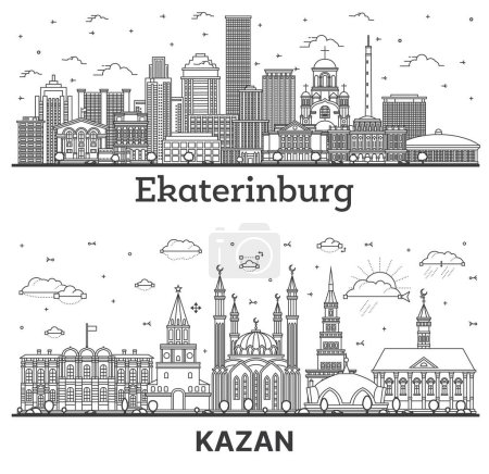 Photo for Outline Kazan and Yekaterinburg Russia City Skyline set with Modern Buildings Isolated on White. Illustration. Cityscape with Landmarks. - Royalty Free Image