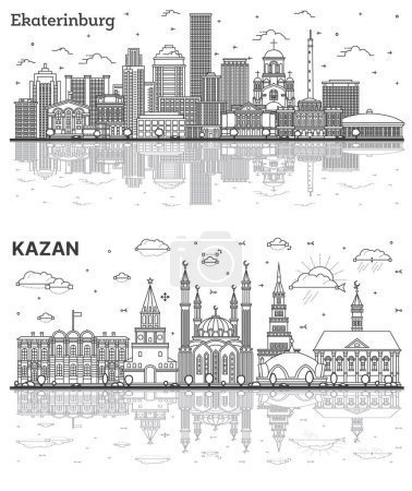 Photo for Outline Kazan and Yekaterinburg Russia City Skyline set with Modern Buildings and Reflections Isolated on White. Illustration. Cityscape with Landmarks. - Royalty Free Image