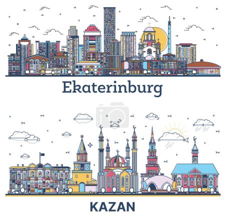 Photo for Outline Kazan and Yekaterinburg Russia City Skyline set with Color Buildings Isolated on White. Illustration. Cityscape with Landmarks. - Royalty Free Image