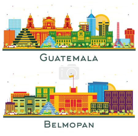 Photo for Belmopan Belize and Guatemala city skyline set with Color Buildings isolated on white. Business Travel and Tourism Concept with Modern Architecture. Cityscape with Landmarks. - Royalty Free Image