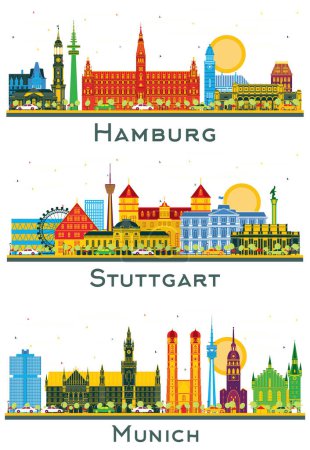 Photo for Stuttgart, Munich and Hamburg Germany city Skyline set with Color Buildings isolated on white. Cityscape with Landmarks. - Royalty Free Image