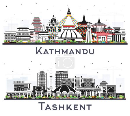 Photo for Tashkent Uzbekistan and Kathmandu Nepal City Skyline set with Color Buildings Isolated on White. Illustration. Cityscape with Landmarks. Business Travel and Tourism Concept with Historic Architecture. - Royalty Free Image