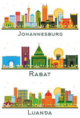 Photo for Rabat Morocco, Luanda Angola and Johannesburg South Africa city Skyline set with Color Buildings isolated on white. - Royalty Free Image