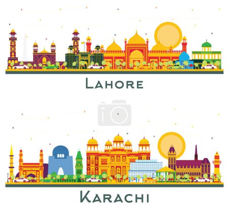 Photo for Karachi and Lahore Pakistan City Skyline set with Color Landmarks Isolated on White. Illustration. Business Travel and Tourism Concept with Historic Buildings. Cityscape with Landmarks. - Royalty Free Image