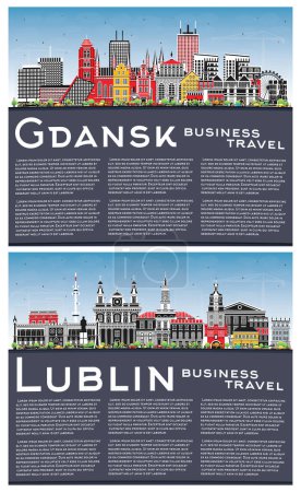 Photo for Lublin and Gdansk Poland city skyline set with color buildings, blue sky and copy space. Cityscape with landmarks. Business and tourism concept with modern and historic architecture. - Royalty Free Image