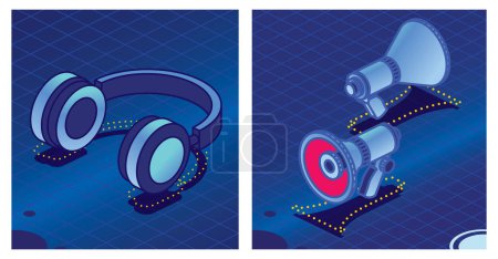Photo for Headphones on Blue background. Illustration. Isometric Icon. Megaphone or Horn Loudspeaker. - Royalty Free Image