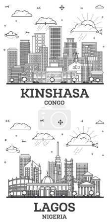Téléchargez les photos : Aperçu Lagos Nigeria et Kinshasa Congo City Skyline avec des bâtiments modernes et historiques isolés sur blanc. Paysage urbain avec des monuments. - en image libre de droit