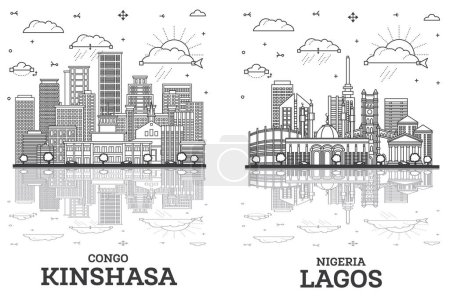Umriss Lagos Nigeria und Kinshasa Kongo City Skyline mit modernen Gebäuden und Reflexionen isoliert auf Weiß. Stadtbild mit Wahrzeichen.