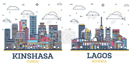 Téléchargez les photos : Aperçu Lagos Nigeria et Kinshasa Congo City Skyline ensemble avec des bâtiments de couleur moderne isolés sur blanc. Paysage urbain avec des monuments. - en image libre de droit