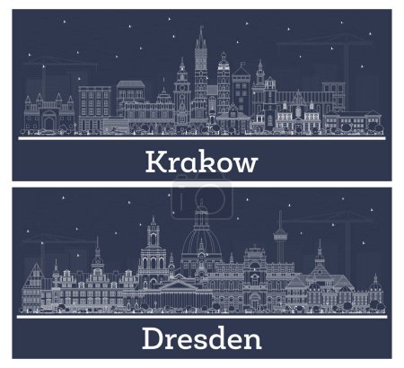 Zarys Drezno Niemcy i Kraków Polska Miasto Skyline zestaw z białymi budynkami. Krajobraz miejski z zabytkami.