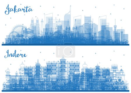 Téléchargez les photos : Aperçu Indore India and Jakarta Indonesia City Skyline set with Blue Buildings. Paysage urbain avec des monuments. - en image libre de droit