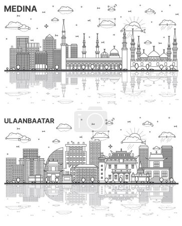 Photo for Outline Ulaanbaatar Mongolia and Medina Saudi Arabia City Skyline set with Reflections and Historic Buildings Isolated on White. Cityscape with Landmarks. - Royalty Free Image
