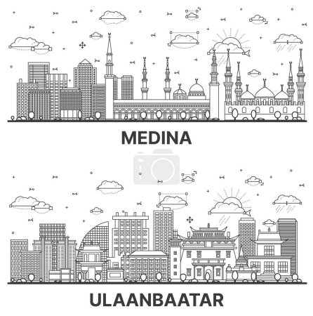 Foto de Bosquejo Ulaanbaatar Mongolia y Medina Arabia Saudita Ciudad Skyline conjunto con edificios modernos e históricos aislados en blanco. Paisaje urbano con puntos de referencia. - Imagen libre de derechos