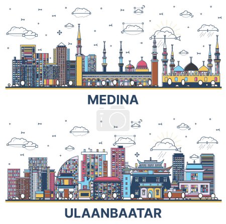 Téléchargez les photos : Aperçu Oulan-Bator Mongolie et Médine Arabie Saoudite City Skyline avec des bâtiments modernes et historiques colorés isolés sur blanc. Paysage urbain avec des monuments. - en image libre de droit