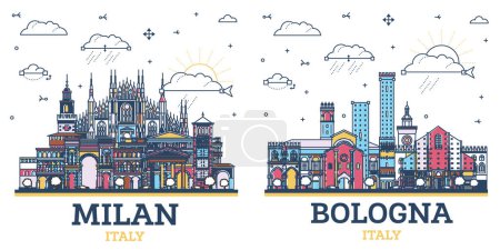 Photo for Outline Bologna and Milan Italy City Skyline set with Colored Historic Buildings Isolated on White. Illustration. Cityscape with Landmarks. - Royalty Free Image
