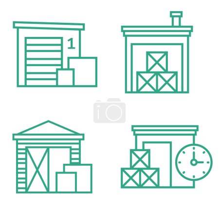Photo for Outline small warehouse icon set isolated on white background. Part of supply chain. Door of loading discharging terminal. Boxes. - Royalty Free Image