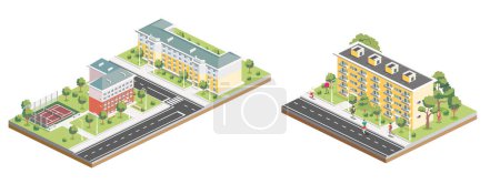 Photo for Isometric Residential District. Five Storey Buildings. Hotel with Tennis Court. Infographic Element. Illustration. City Architecture Isolated on White Background. Backyard Lawn. - Royalty Free Image