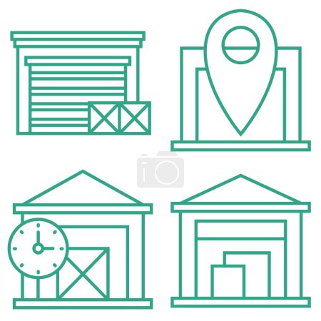 Photo for Outline small warehouse icon set isolated on white background. Part of supply chain. Boxes. Map marker. Clock. - Royalty Free Image