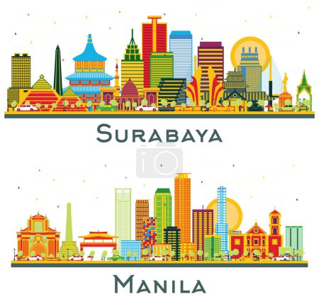 Manila Filipinas y Surabaya Indonesia Skyline conjunto con edificios de color aislados en blanco. Paisaje urbano con puntos de referencia.