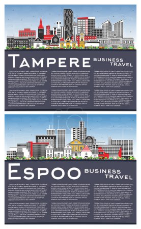 Espoo y Tampere Finlandia ciudad horizonte con edificios de color, cielo azul y espacio de copia. Paisaje urbano con hitos.