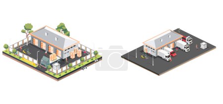 Isometric depiction of a Distribution Logistic Center featuring warehouse storage facilities and truck. Illustration capturing the loading and discharging terminal.