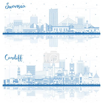 Umreißen Sie die Skyline von Cardiff und Swansea Wales City mit blauen Gebäuden und Spiegelungen. Stadtbild mit Wahrzeichen. Geschäfts- und Tourismuskonzept mit historischer Architektur.