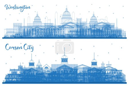Esquema Carson City Nevada y Washington DC USA City Skyline con Blue Buildings. Concepto de viajes de negocios y turismo con edificios históricos. Paisaje urbano de Washington DC con puntos de referencia.