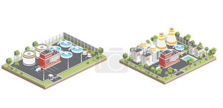 Photo for Isometric Wastewater Treatment Facility and Nuclear Power Plant. Infographic Design Element Isolated on White Background. Ecology of Water Resources. Purification Treatment Plant with Buildings. - Royalty Free Image