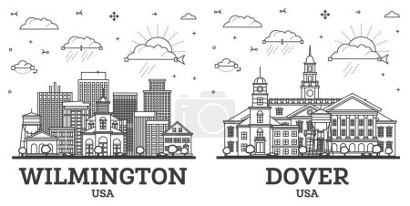 Esquema Dover y Wilmington Delaware USA City Skyline con edificios históricos aislados en blanco. Ilustración. Paisaje urbano con puntos de referencia.