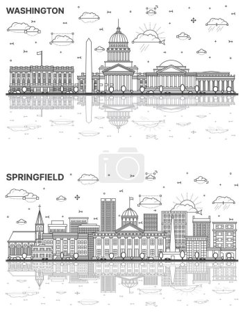 Photo for Outline Springfield Illinois and Washington DC City Skyline set with Historic Buildings and Reflections Isolated on White. Cityscape with Landmarks. - Royalty Free Image