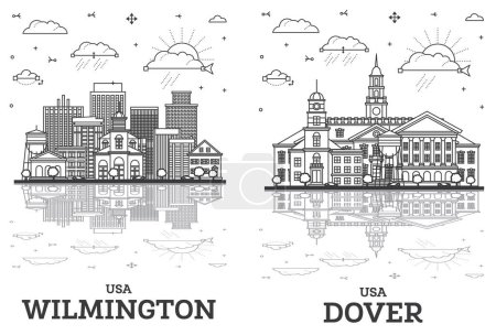 Aperçu Dover et Wilmington Delaware États-Unis City Skyline ensemble avec des bâtiments historiques et des reflets isolés sur blanc. Illustration. Paysage urbain avec des monuments.