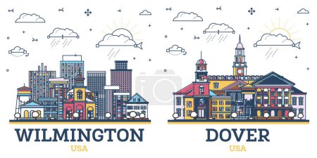 Téléchargez les photos : Aperçu Dover et Wilmington Delaware États-Unis City Skyline ensemble avec des bâtiments historiques colorés isolés sur blanc. Illustration. Paysage urbain avec des monuments. - en image libre de droit