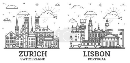 Photo for Outline Lisbon Portugal and Zurich Switzerland City Skyline set with Modern and Historic Buildings Isolated on White. Cityscape with Landmarks. - Royalty Free Image