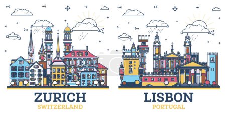 Photo for Outline Lisbon Portugal and Zurich Switzerland City Skyline set with colored Modern and Historic Buildings Isolated on White. Cityscape with Landmarks. - Royalty Free Image