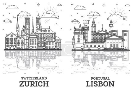 Photo for Outline Lisbon Portugal and Zurich Switzerland City Skyline set with Historic Buildings and reflections Isolated on White. Cityscape with Landmarks. - Royalty Free Image