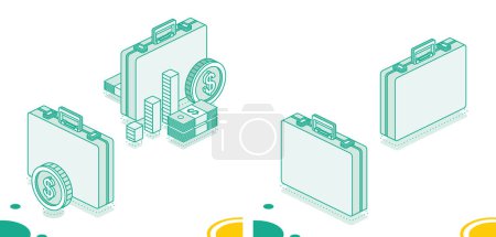 Photo for Business briefcase with columns, dollar coin and stack of dollars. Isometric outline concept. Illustration. 3d objects. - Royalty Free Image