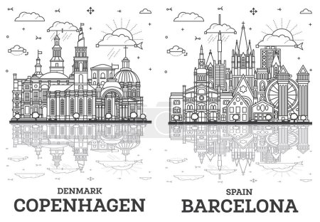 Foto de Esquema Barcelona España y Copenhague Dinamarca City Skyline con edificios históricos y reflexiones Aislado en blanco. Ilustración. Paisaje urbano con puntos de referencia. - Imagen libre de derechos