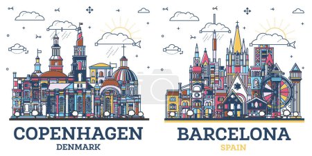 Foto de Esquema Barcelona España y Copenhague Dinamarca City Skyline con edificios modernos e históricos de colores aislados en blanco. Ilustración. Paisaje urbano con puntos de referencia. - Imagen libre de derechos