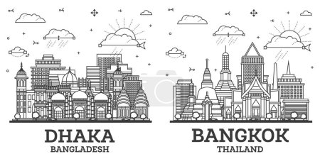 Photo for Outline Bangkok Thailand and Dhaka Bangladesh city skyline set with modern and historic buildings isolated on white. Cityscape with landmarks. - Royalty Free Image