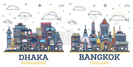 Umriss Bangkok Thailand und Dhaka Bangladesch Stadt Skyline mit farbigen modernen und historischen Gebäuden isoliert auf weiß gesetzt. Stadtbild mit Wahrzeichen.