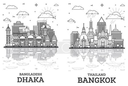 Téléchargez les photos : Décrivez Bangkok Thaïlande et Dacca Bangladesh City skyline ensemble avec des bâtiments modernes et des reflets isolés sur blanc. Paysage urbain avec des monuments. - en image libre de droit