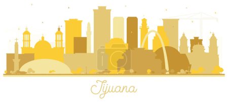 Téléchargez les illustrations : Silhouette Skyline de Tijuana Mexico avec bâtiments dorés isolés sur blanc. Illustration vectorielle. Concept touristique à l'architecture historique et moderne. Paysage urbain de Tijuana avec des monuments. - en licence libre de droit