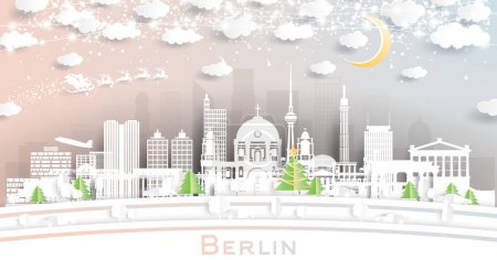 Illustration for Berlin Germany City Skyline in Paper Cut Style with Snowflakes, Moon and Neon Garland. Vector Illustration. Christmas and New Year Concept. Santa Claus on Sleigh. Berlin Cityscape with Landmarks. - Royalty Free Image