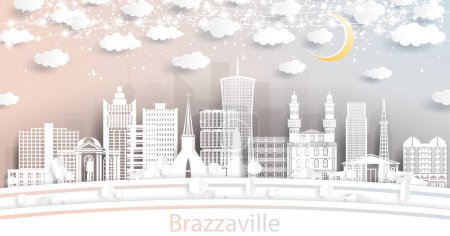 Ilustración de Brazzaville Ciudad del Congo Skyline en estilo de corte de papel con edificios blancos, luna y guirnalda de neón. Ilustración vectorial. Concepto de Viajes y Turismo. Brazzaville Paisaje urbano con lugares de interés. - Imagen libre de derechos