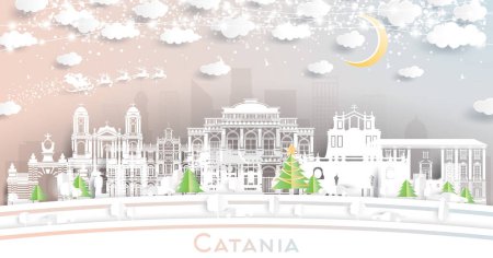 Illustration for Catania Italy City Skyline in Paper Cut Style with Snowflakes, Moon and Neon Garland. Vector Illustration. Christmas and New Year Concept. Santa Claus on Sleigh. Catania Cityscape with Landmarks. - Royalty Free Image