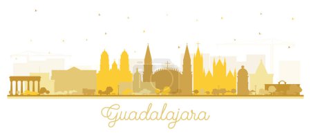 Illustration for Guadalajara Mexico City Skyline Silhouette with Golden Buildings Isolated on White. Vector Illustration. Tourism Concept with Historic and Modern Architecture. Guadalajara Cityscape with Landmarks. - Royalty Free Image