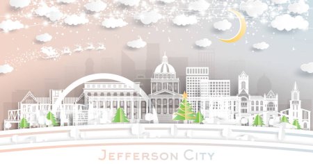 Illustration for Jefferson City Missouri Skyline in Paper Cut Style with Snowflakes, Moon and Neon Garland. Vector. Christmas and New Year Concept. Santa Claus on Sleigh. Jefferson City Cityscape with Landmarks. - Royalty Free Image