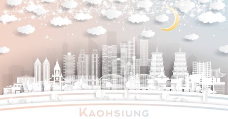 Ilustración de Kaohsiung Taiwan City Skyline en estilo de corte de papel con edificios blancos, luna y guirnalda de neón. Ilustración vectorial. Concepto de Viajes de Negocios y Turismo. Kaohsiung Paisaje urbano con lugares de interés. - Imagen libre de derechos